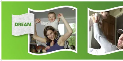 Two images set against a green background. The first is captioned 'dream', with a happy baby on his mother's shoulders; the second is captioned 'reality' showing a baby throwing up over his mother.