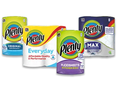 Range of plenty products lined up Plenty Original, Plenty Everyday, Plent Flexisheet and Plenty MAX