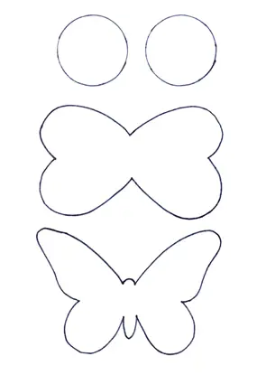 A white page printout with black outline of two circles at the top, and two different shaped wing pairs below.