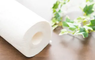 A close-up image of a roll of kitchen roll on a wooden surface, placed next to some green leaves.