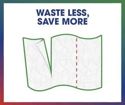 Infographic with heading "Waste Less Save More" showing flexi-sized perforated kitchen paper sheets.