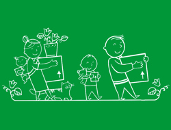 Illustrated family holding boxes for moving house