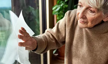 Eine alte Dame in einem beigen Pullover putzt ein Fenster.