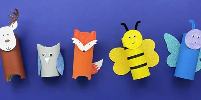 5 cardboard tube animals. Left to right are a brown reindeer, grey owl, orange fox, yellow bee, and blue butterfly.
