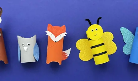5 cardboard tube animals. Left to right are a brown reindeer, grey owl, orange fox, yellow bee, and blue butterfly.