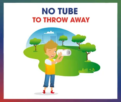 Infographic with heading "No Tube To Throw Away" showing boy looking through roll for a tube.