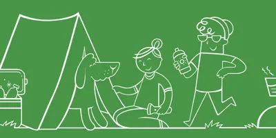 Illustration with green background with a couple and a dog camping
