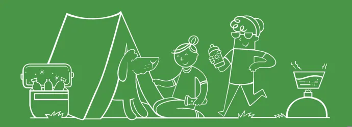 Illustration with green background with a couple and a dog camping