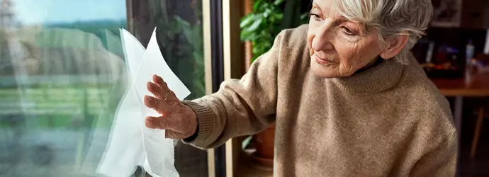 Old lady wearing a beige jumper cleaning a window.