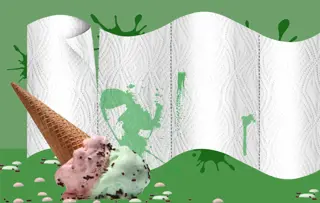 Strawberry and mint ice cream cone splatted upside-down next to giant graphic visual of Plenty Flexisheet kitchen paper.