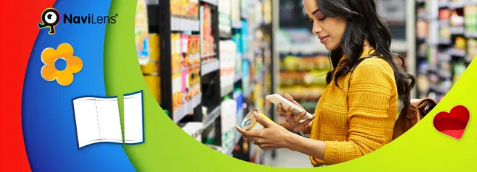 A woman holds a can of food in one hand and her phone in the other, in a supermarket.