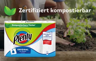 Verpackung mit Recyclinganteil und zertifiziert kompostierbare* Tücher von Plenty