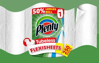 Plenty Flexisheet Tubeless kitchen paper pack in front of graphic visual of unravelling kitchen paper.