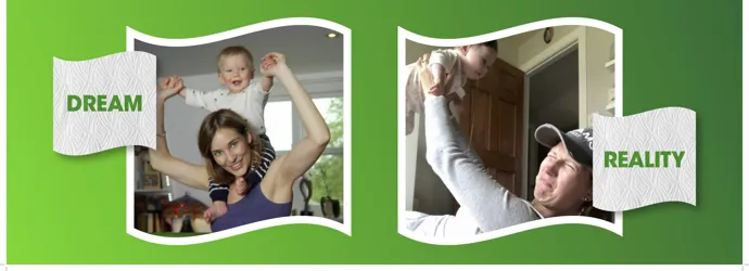 Two images set against a green background. The first is captioned 'dream', with a happy baby on his mother's shoulders; the second is captioned 'reality' showing a baby throwing up over his mother.